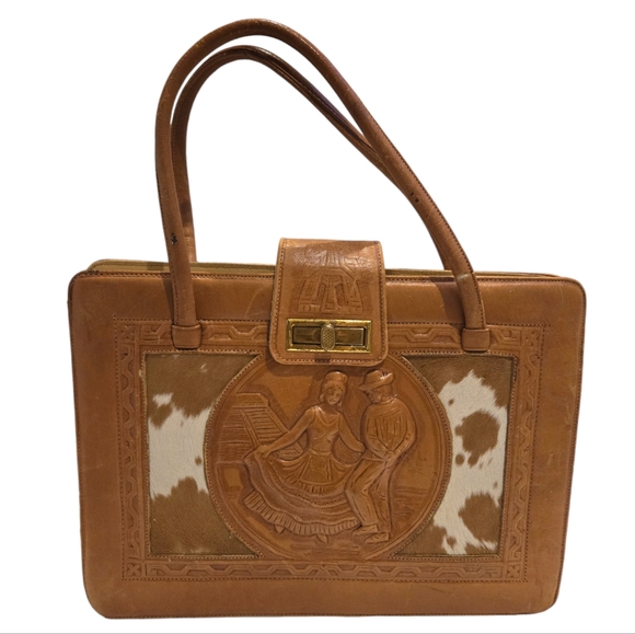 Unknown Handbags - Vintage Mexican Hand Tooled Leather Purse Handbag Cowhide Western 1970s
